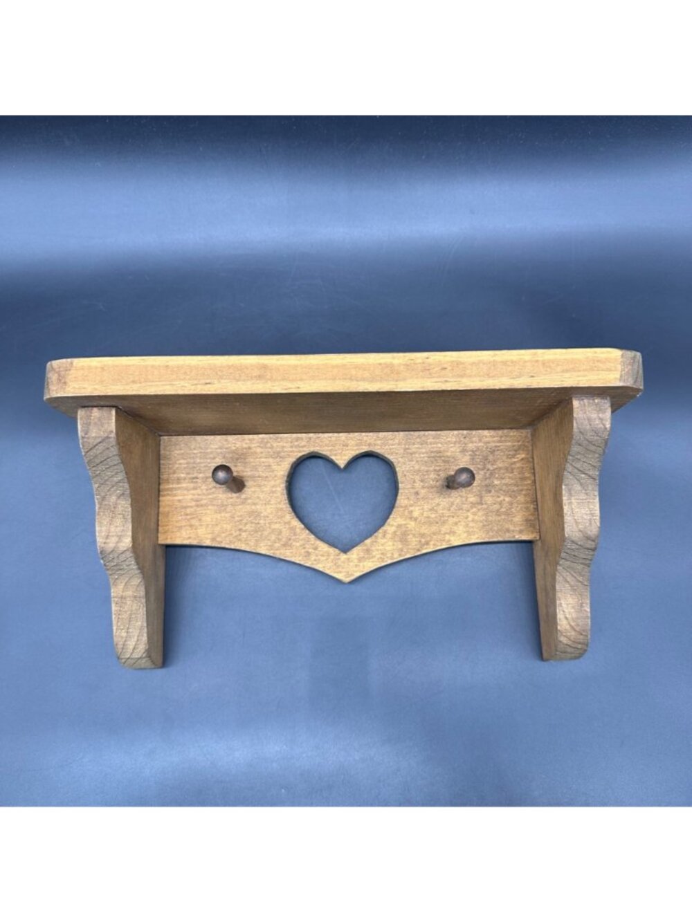 Vintage Wood Wall Shelf Heart Cutout Pegs Farmhouse Cottagecore Wall Hanging - Picture 2 of 10